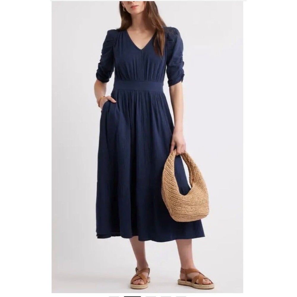 NWT Caslon Blue Puff Sleeve Ruffle Hem Gauze Maxi 100% Cotton Dress Sz M